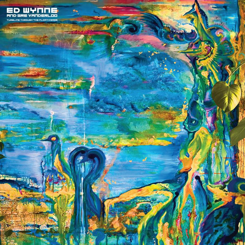Album cover with abstract blue and green paint, featuring bird-like shapes.