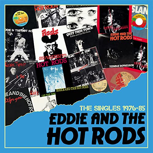 Collage of Eddie and the Hot Rods single covers on a blue background.