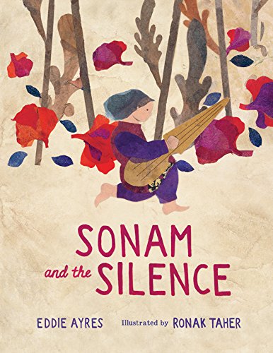 Book cover: boy with instrument amidst stylized red and purple flowers.
