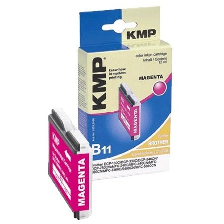 KMP magenta inkjet cartridge box and individual cartridge for Brother printers.