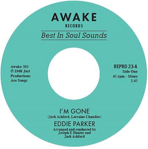 Turquoise vinyl record label with black text: "Eddie Parker - I'm Gone".