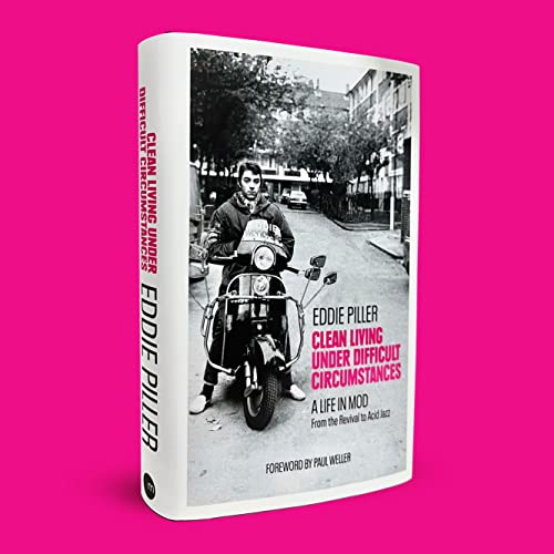 Book cover: man on a scooter, black and white photo, red text.