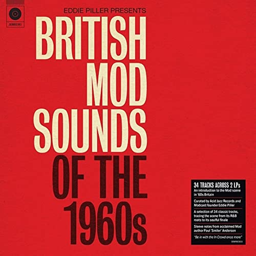 Red record album cover with bold, stacked white text: "British Mod Sounds of the 1960s".
