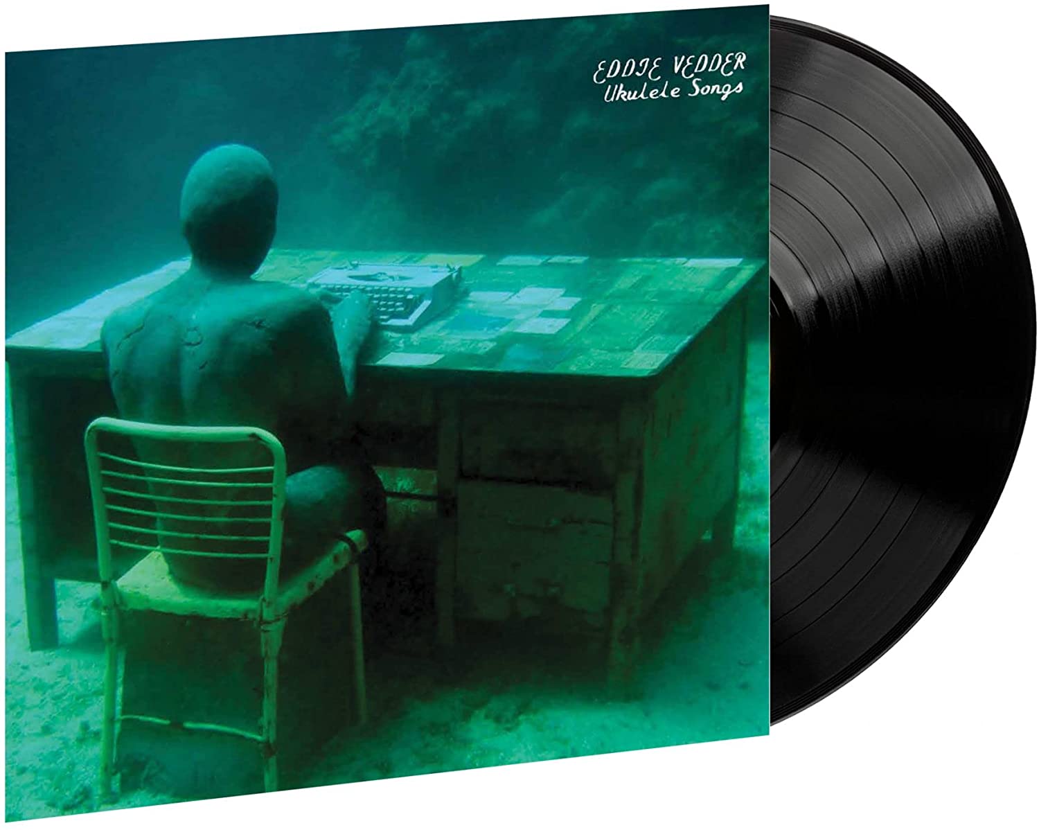 Eddie Vedder’s “Ukulele Songs” vinyl cover: sculpture at an underwater desk.