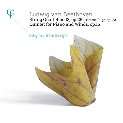 A Beethoven CD cover featuring three yellow translucent folded leaves against a white background.