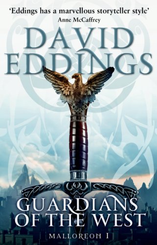 Fantasy book cover with a sword, eagle, and mountainous landscape.