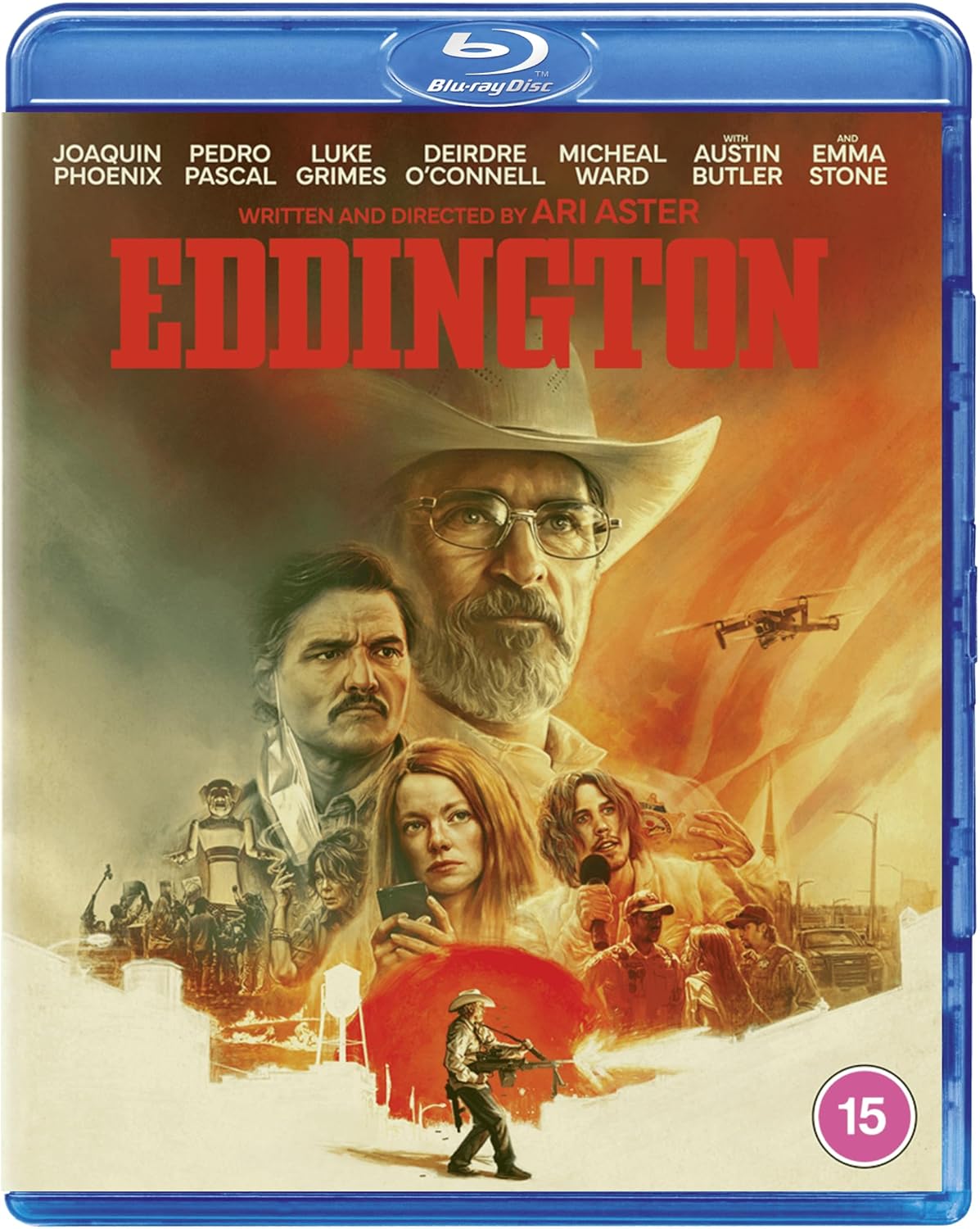 Eddington" Blu-ray cover featuring Joaquin Phoenix in a cowboy hat and cast portraits.