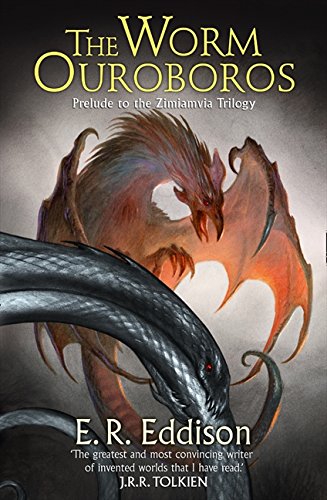 Book cover: dragon and serpent entwined, title “The Worm Ouroboros.”