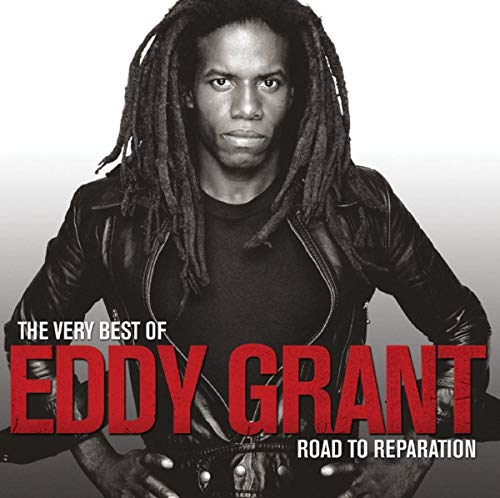 Black and white portrait of Eddy Grant wearing a leather jacket, with red text.