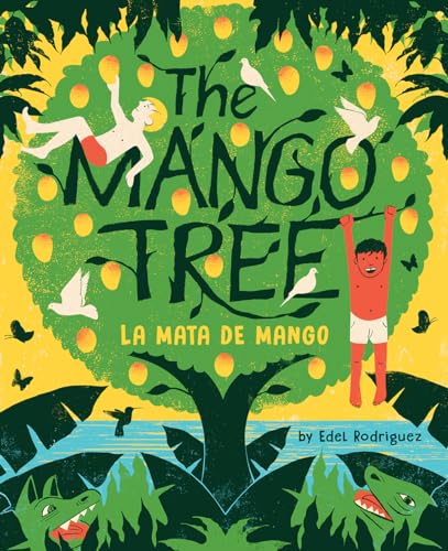 Brightly colored illustration of a mango tree with children and birds.