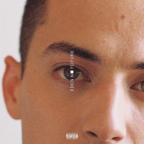 A close-up of a man's face with the text "EDEN no future" on it.