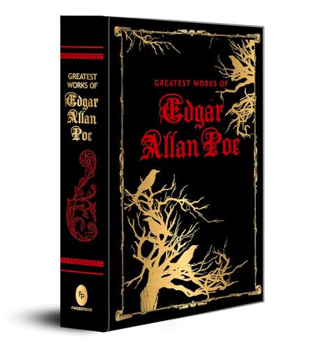 Black hardbound book with gold raven illustrations and red text on the cover.