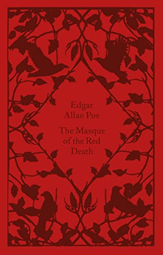 Red book cover with silhouetted birds and title "The Masque of the Red Death".