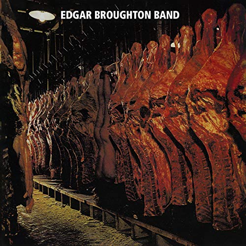 Edgar Broughton Band album cover showing rows of hanging raw meat carcasses in storage.
