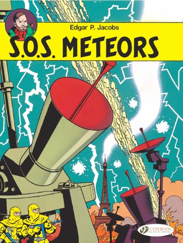 Comic book cover: "SOS Meteors" featuring a radar dish and city skyline.