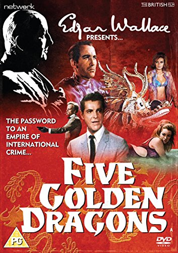 DVD cover art for Five Golden Dragons featuring multiple actors against a red background.
