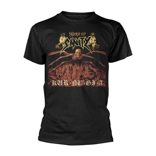 Black short-sleeved t-shirt, back view, blank and slightly fitted.