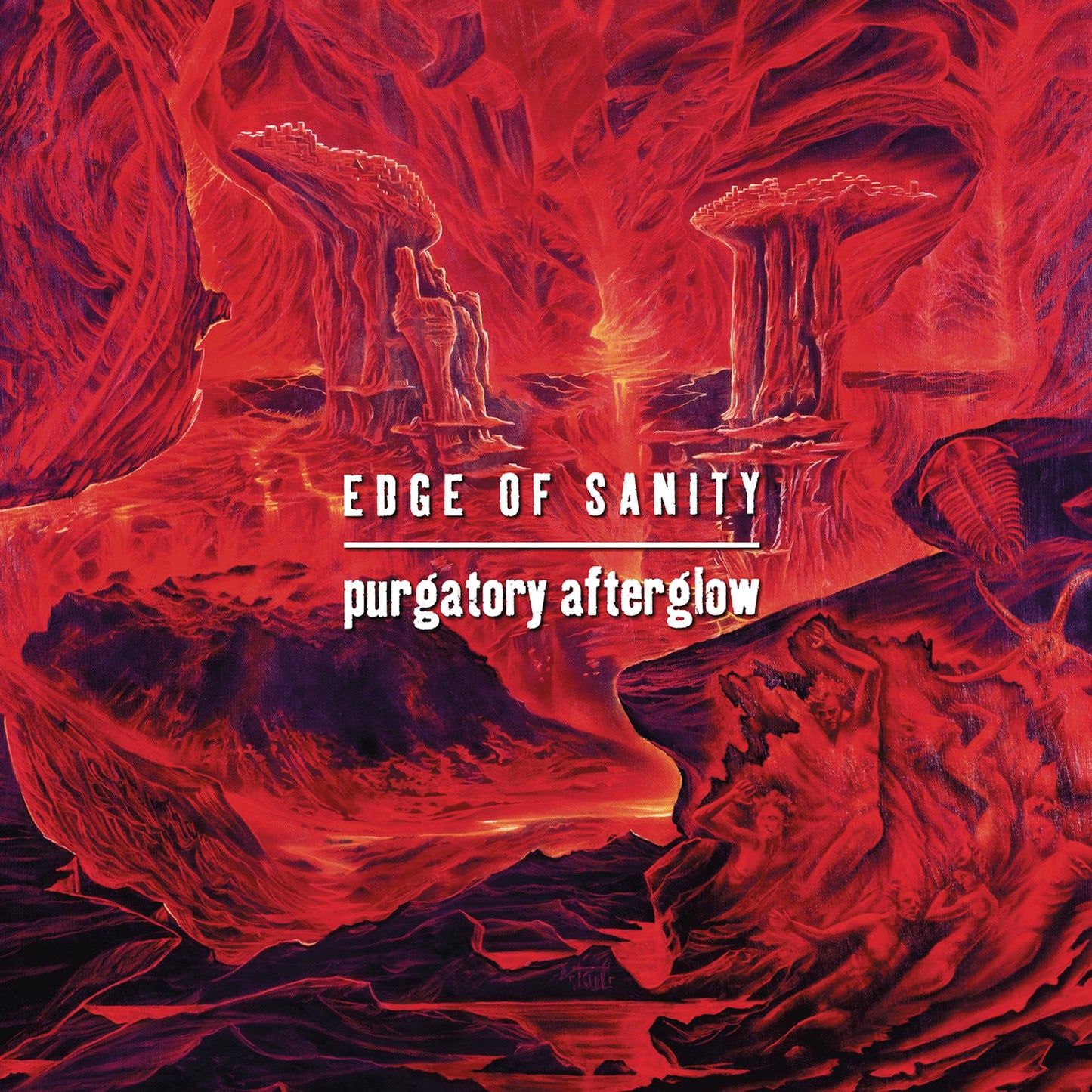 Red, fiery landscape album cover for Edge Of Sanity’s “Purgatory Afterglow.”