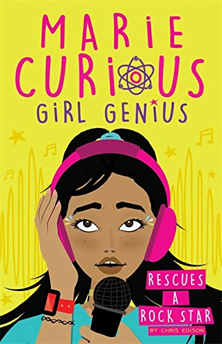 Girl with headphones and microphone on a yellow book cover.