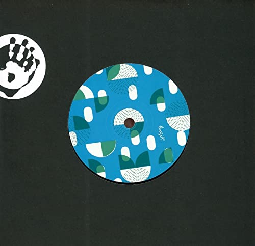 Vinyl record label with abstract blue and green patterned design.
