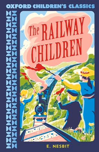 Book cover illustration of children waving red flags at a steam train on tracks.