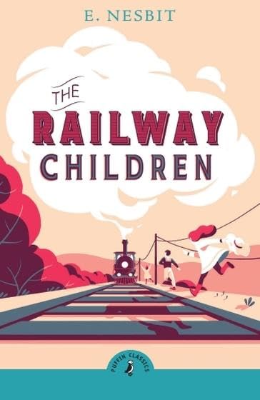 Book cover for "The Railway Children" with a train and children.