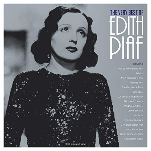 Black and white portrait of Edith Piaf on vinyl record album cover.