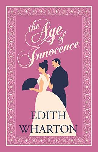 Book cover: "The Age of Innocence" by Edith Wharton, with illustrated couple.