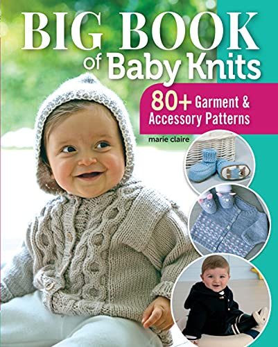 Book cover titled Big Book of Baby Knits featuring a baby in knitted clothing.