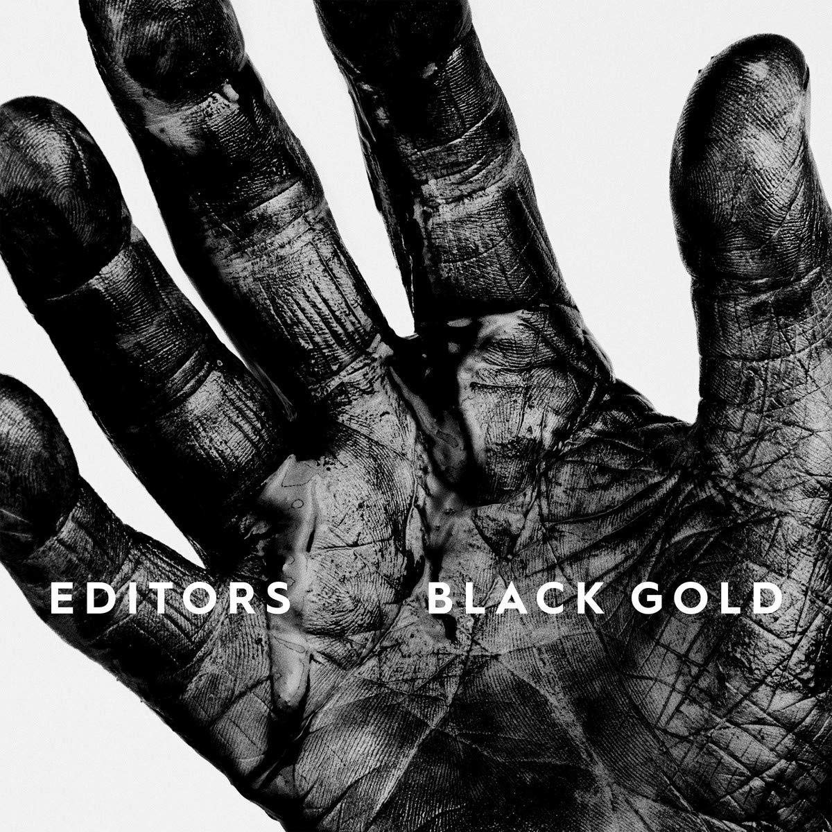 "Album cover with a black handprint on a white background, text 'Editors Black Gold'."