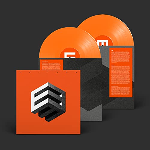 Orange vinyl records with cover art andB and inserts on a dark background.