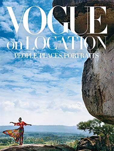 Vogue book cover with a landscape, a model, and large rock formations.