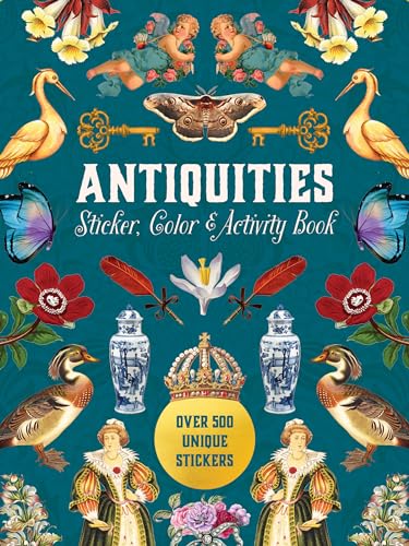 Book cover with antique illustrations, stickers, and the title "Antiquities".