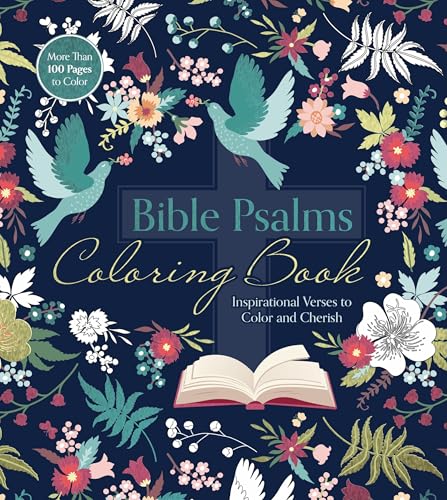 Floral and dove designs surround a Bible and the title "Bible Psalms Coloring Book".