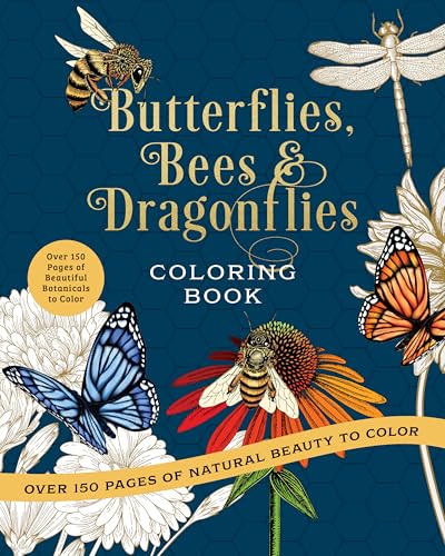 Coloring book cover featuring illustrations of butterflies, bees, and dragonflies on a dark background.