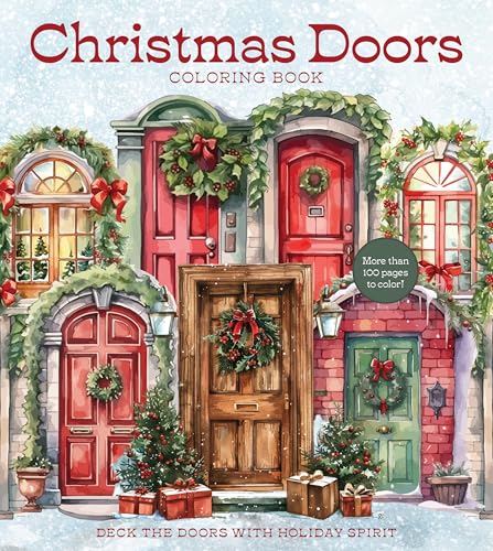 Watercolor illustration of decorated doors with Christmas wreaths and trees.