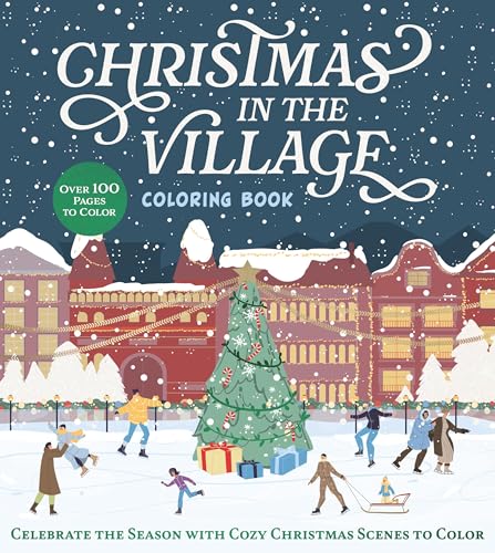 Coloring book cover depicting a snowy village scene with people skating.