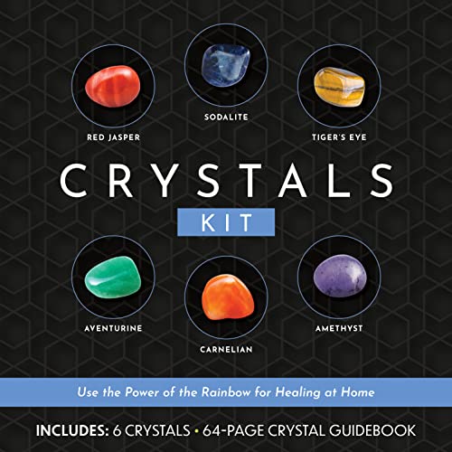 Crystals kit box with six colorful stones pictured and text details.