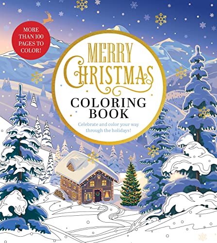 “Merry Christmas” coloring book cover with a winter scene and cabin.