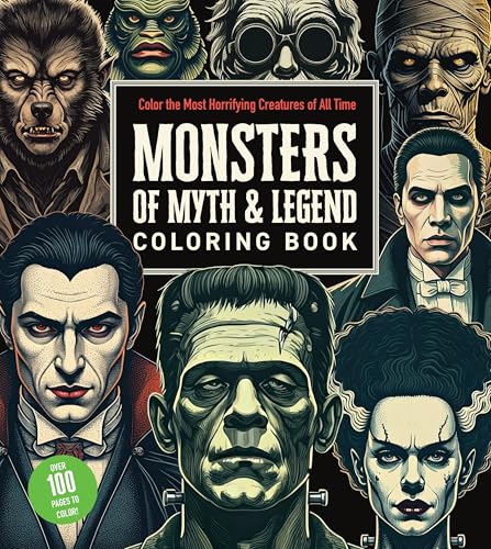 Coloring book cover featuring classic monster illustrations: Dracula, Frankenstein, and more.