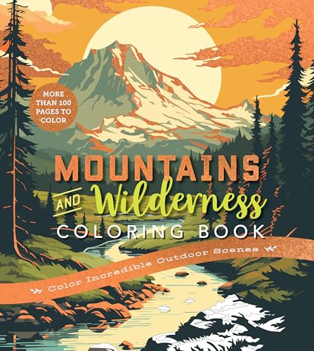 Mountains and wilderness coloring book cover with a stream and forest.