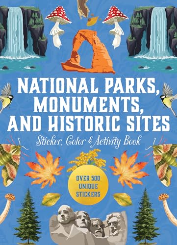 Book cover with national park scenes, stickers, and text about activities.
