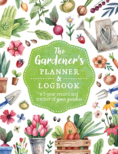 Gardening planner cover with watercolor illustrations of plants and tools.