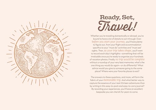 A line drawing of a globe with radiating lines next to travel journal text.