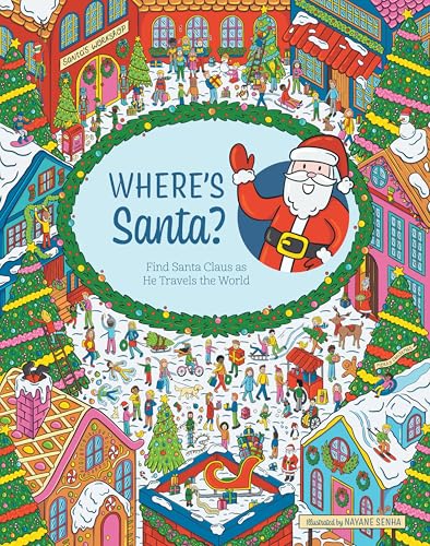 Book cover with a busy, illustrated winter scene and Santa Claus.