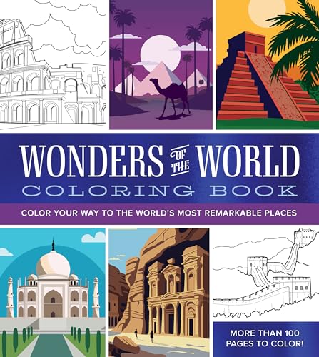 Coloring book cover featuring line drawings of world landmarks like the Taj Mahal and pyramids.