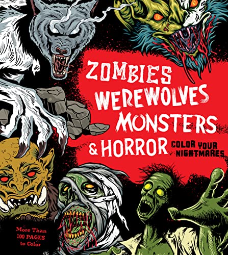 Coloring book cover featuring zombies, werewolves, a mummy, and other monsters.