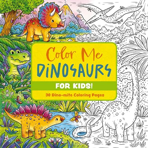 Coloring book cover with line art illustrations of various dinosaurs.