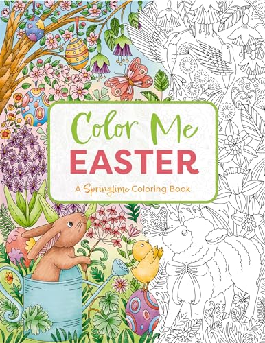 Easter coloring book cover with rabbits, chicks, flowers, and eggs.
