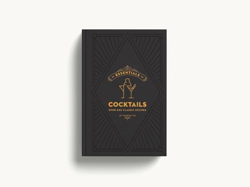 Black book cover with gold text reading "ESSENTIALS: Cocktails" and drink illustrations.